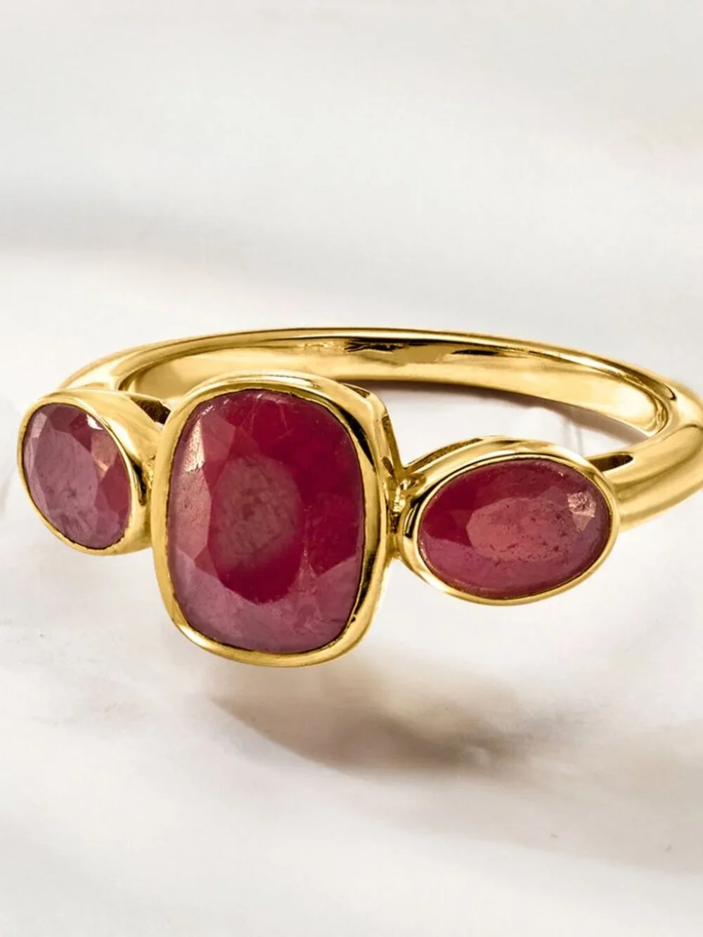 NIB 3.30 ct. Ruby Three-Stone Ring in 18kt Gold Over Sterling - 5 - 5.25